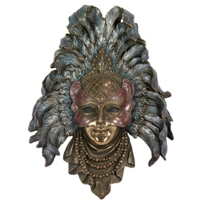Veronese Cold Cast Bronze Coated Venetian Mask Wall Art, Feather Headdress