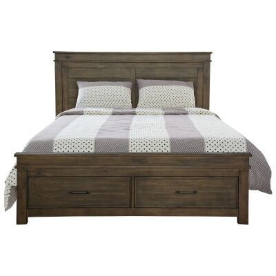 Hethel Pine Timber Bed with End Drawers, Queen, Rustic Grey