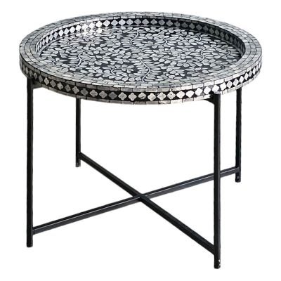Noir Opulence Mother Of Pearl Inlaid Tray Top Round Coffee Table, 60cm