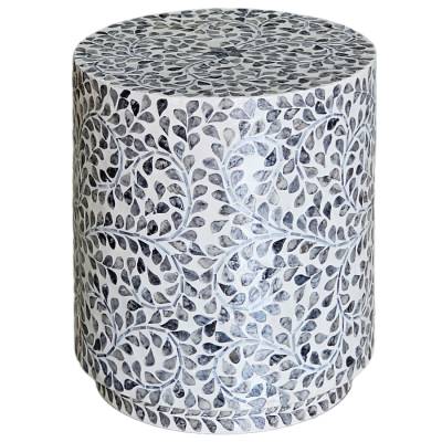 Swirling Leaf Mother Of Pearl Inlaid Round Accent Stool / Side Table