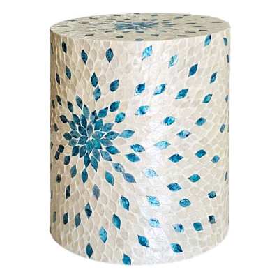 Aquamarine Dream Mother Of Pearl Inlaid Round Accent Stool / Side Table