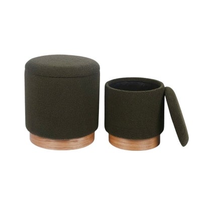 Loria 2 Piece Sherpa Fabric Round Storage Ottoman Stool Set, Army Green