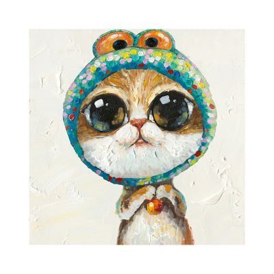 "Frog Hat Kitten" Stretched Canvas Wall Art Print, 50cm