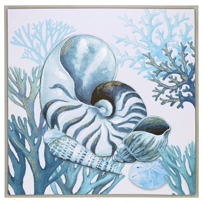 "Sprinkle Gold Blue Sealife" Framed Canvas Wall Art Painting, Nautilus, 70cm