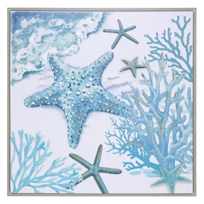"Sprinkle Gold Blue Sealife" Framed Canvas Wall Art Painting, Starfish, 70cm