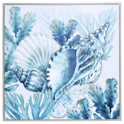 "Sprinkle Gold Blue Sealife" Framed Canvas Wall Art Painting, Conch, 70cm
