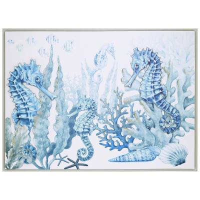 "Sprinkle Gold Blue Sealife" Framed Canvas Wall Art Painting, Seahorse, 80cm
