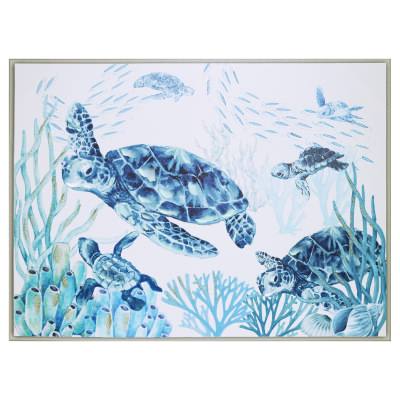 "Sprinkle Gold Blue Sealife" Framed Canvas Wall Art Painting, Sea Turtle, 80cm