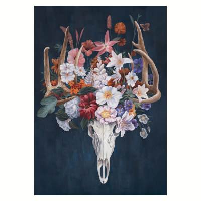 "Stag Skull with Floral Crown" Stretched Canvas Wall Art Print, 100cm