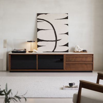 Naruki American Walnut Timber Sliding Door & 2 Drawer TV Unit with Sintered Stone Top, 210cm