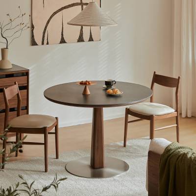 Wexor American Walnut Timber Round Dining Table, Sintered Stone Top, 95cm, Walnut / Black