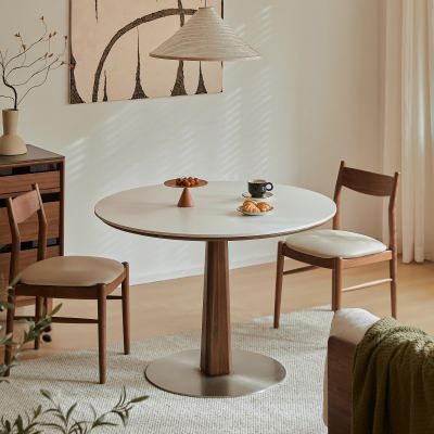 Wexor American Walnut Timber Round Dining Table, Sintered Stone Top, 95cm, Walnut / White