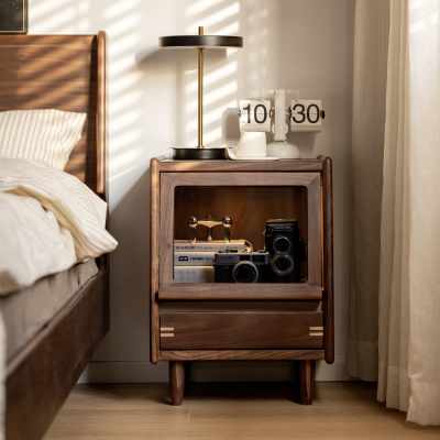 Zekari American Walnut Timber Flip-up Door Bedside Table, 40cm