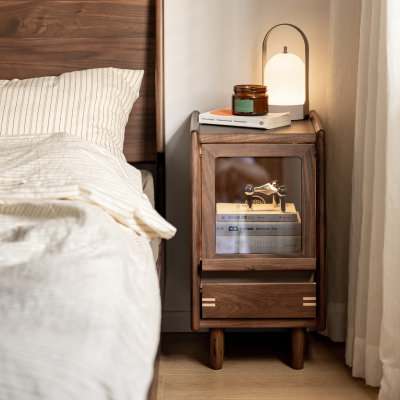Zekari American Walnut Timber Flip-up Door Bedside Table, 30cm