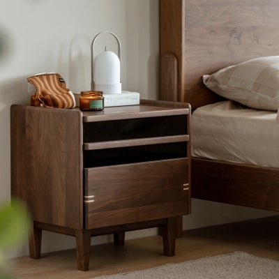 Jaro American Walnut Timber Bedside Table, 50cm Deep