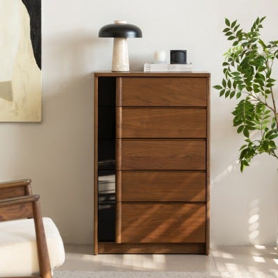 Haus American Walnut Timber 5 Drawer Tallboy with LED Light