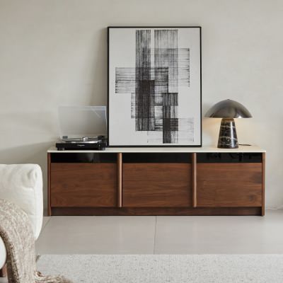 Haus Sintered Stone Top American Walnut Timber Flip Down Door & 2 Drawer TV Unit with LED Light, 180cm