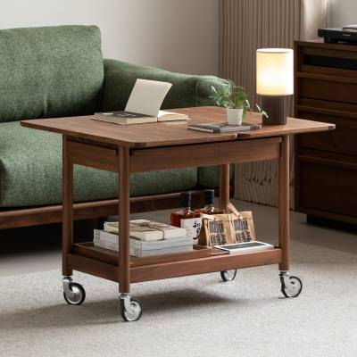 Hiros American Walnut Timber Extension Top Coffee Table / Drink Trolley, 40-80cm