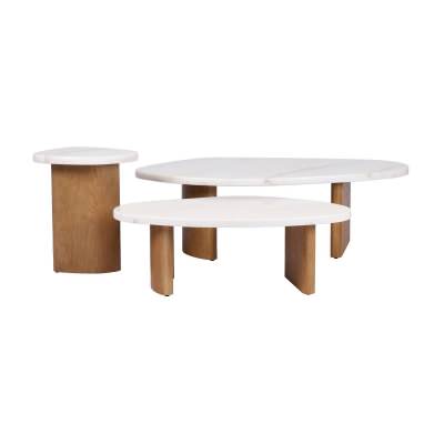 Solstice 3 Piece Marble Top Wooden Coffee & Side Table Set, Ivory / Oak