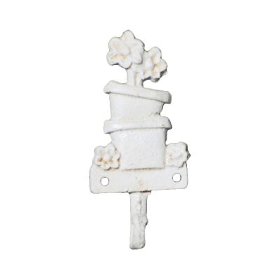 Potted Flower Cast Iron Wall Hook, Antique White