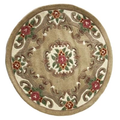 Avalon French Aubusson Round Wool Rug, 120cm, Fawn
