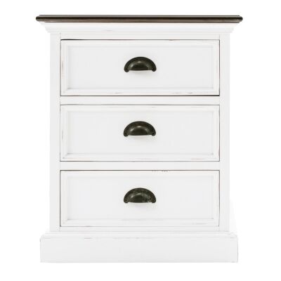 Halifax Contrast Mahogany Timber 3 Drawer Bedside Table, Brown / Distressed White