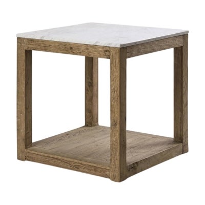 Denver Aveyron Marble Topped Oak Timber Side Table, Natural
