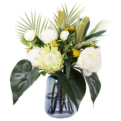 Kilmoyley Artificial Protea & Protea & Peony Arrangement in Vase, 58cm, Apple Green Flower / Blue Vase