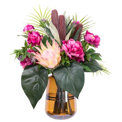 Kilmoyley Artificial Protea & Protea & Peony Arrangement in Vase, 58cm, Pink Flower / Amber Vase