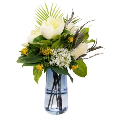 Kilmoyley Artificial Magnolia & Banksia Arrangement in Vase, 70cm, Cream Flower / Blue Vase
