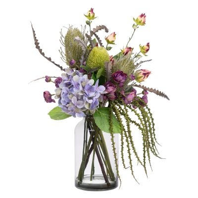 Stella Artificial Hydrangea & Protea Arrangement in Vase, Purple Flower, 45cm