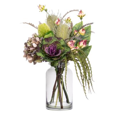 Stella Artificial Hydrangea & Protea Arrangement in Vase, Purple Green Flower, 45cm