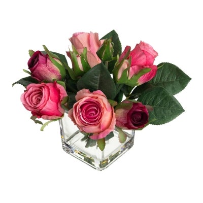 Arianna Artificial Rose Bud Arrangement in Vase, Pink Flower, 21cm