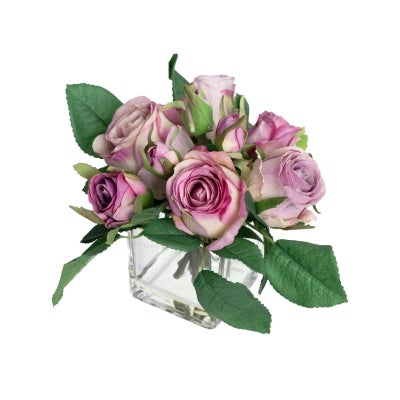 Arianna Artificial Rose Bud Arrangement in Vase, Pink Flower, 21cm, Purple Flower