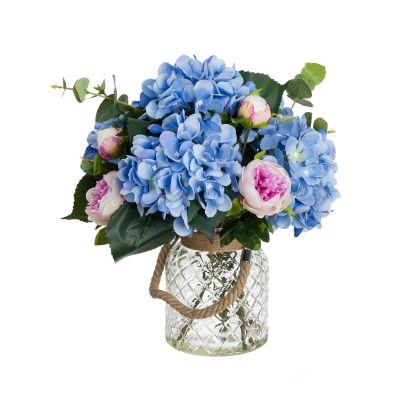 Clarence Artificial Hydrangea & Peony Mixed Arrangement in Maison Jar, 36cm, Blue Flower