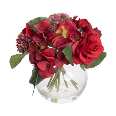 Leahy Artificial Hydrangea & Rose Arrangement in Vase, 20cm, Red Flower
