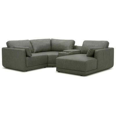 Ellington Leather Modular Corner Sofa, 3 Seater with Console & RHF Chaise, Moss Green
