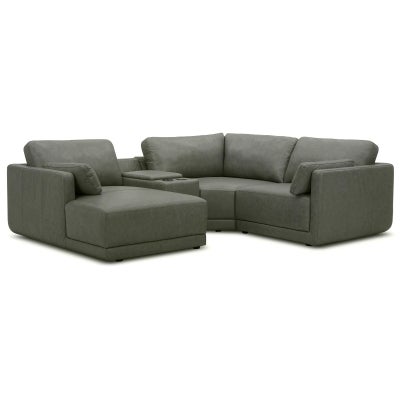 Ellington Leather Modular Corner Sofa, 3 Seater with Console & LHF Chaise, Moss Green