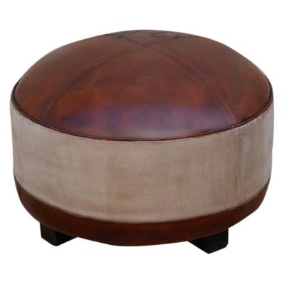 Santiago Hand Crafted Leather & Canvas Round Ottoman with Timber Legs