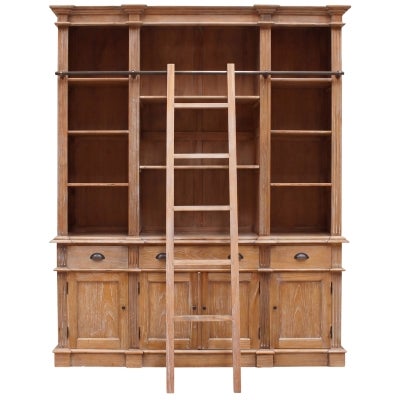 Souvigny Hand Crafted Mahogany Bookcase with Ladder, Weathered Oak