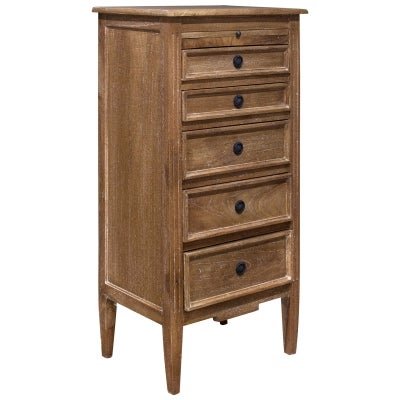 Belley Hand Crafted Mahogany Timber 5 Drawer Tallboy, Weathered Oak
