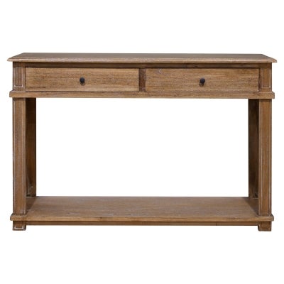 Belley Hand Crafted Mindi Wood Console Table with Shelf, 125cm, Weathered Oak