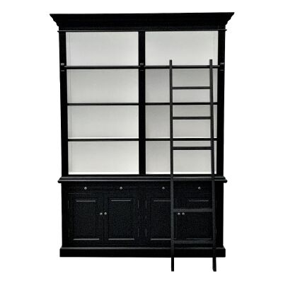 Ampuis 2-Bay Birch Timber Library Bookcase with Ladder, Black