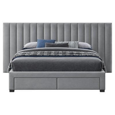Miami Velvet Fabric Platform Bed with Extended Headboard & End Drawers, Queen, Beige