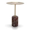 Emron Stainless Steel & Marble Round Tray Top Side Table, Cylinder Base, Gold / Burgundy
